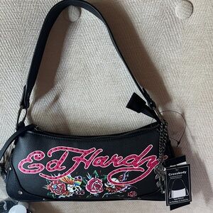 Ed Hardy Y2K Black Crossbody Bag Pink Logo Embroidered Skull Floral